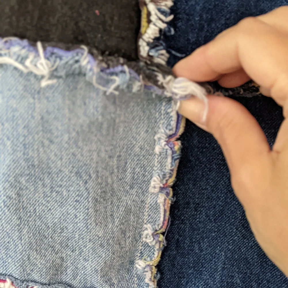 Frayed Denim Quilt made from recycled jeans, upcycled, patchwork, reversible